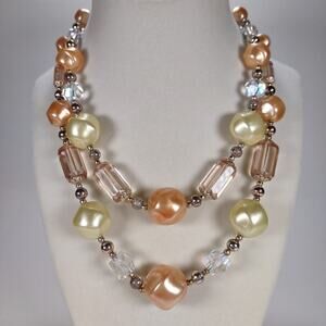 Vintage 2 Layer Peach and Yellow Beaded Gold Toned Stamped Japan Necklace